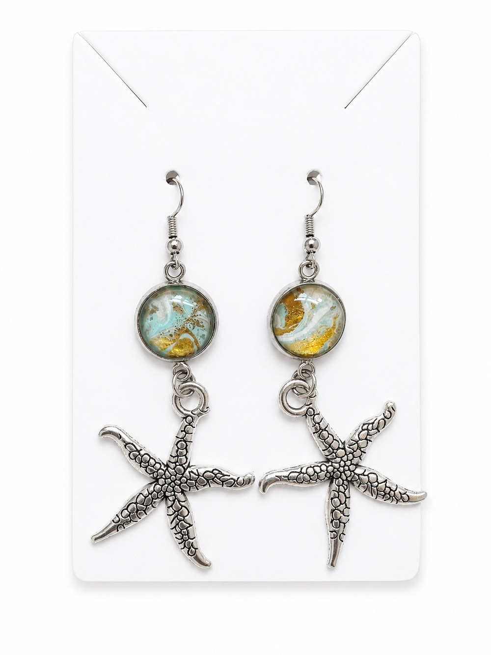 Coastal Starfish Dangle Earrings Aqua Gold Resin Beach Ocean Nautical Jewelry